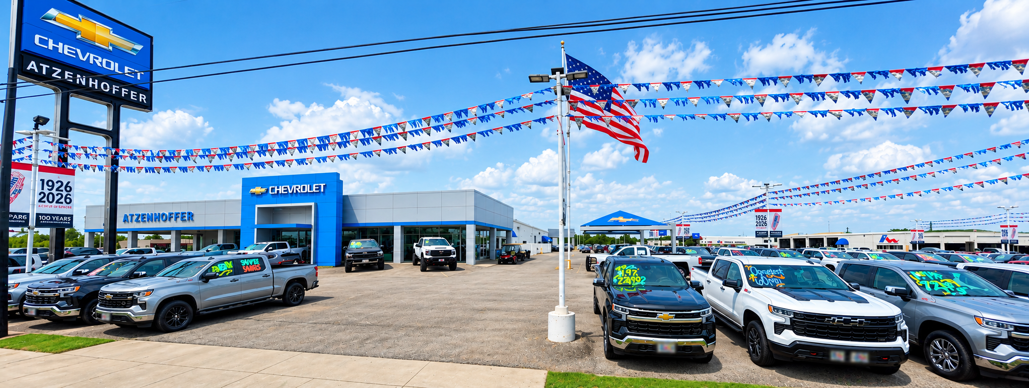 Used Chevy trucks on the lot at Atzenhoffer Chevrolet — a good place to buy a used truck at a decent price in the Victoria, TX area